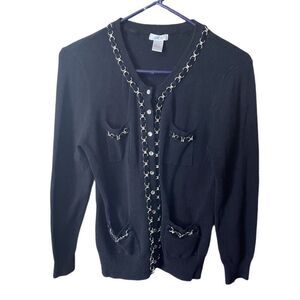 Cache’ size M black knit faceted button chain accent cardigan.